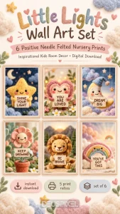 Little Lights nursery wall art set with six positive felted prints