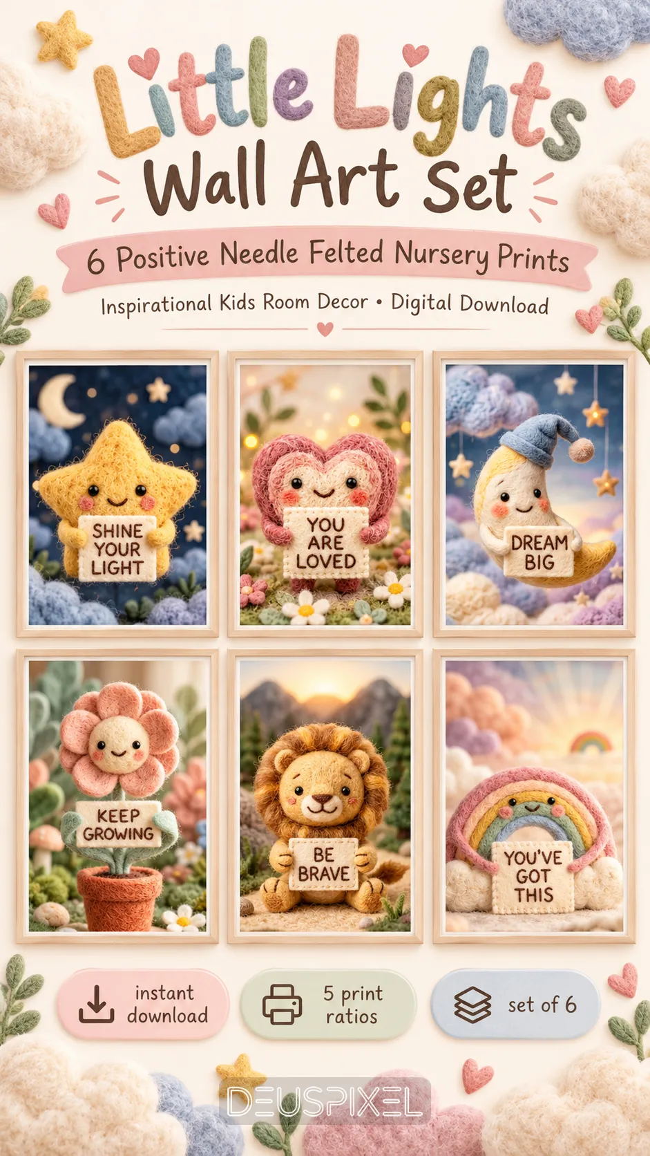 Little Lights nursery wall art set with six positive felted prints