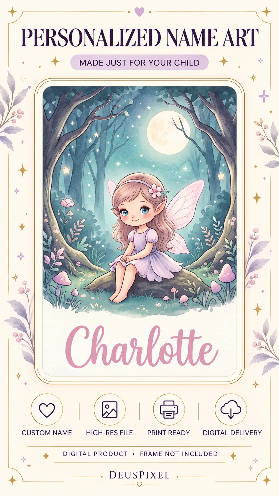 Personalized Fairy Name Wall Art | Custom Magical Nursery Print | Digital Download