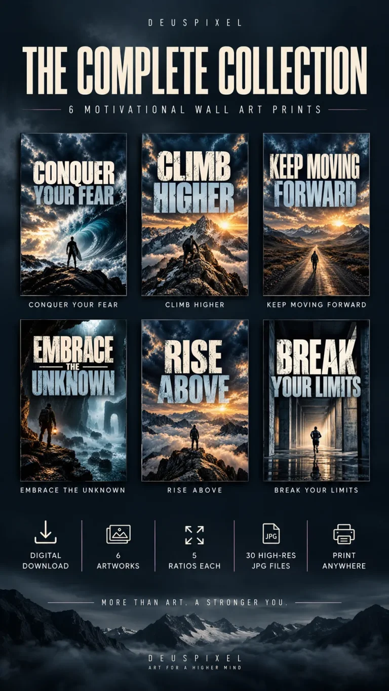 Conquer Collection motivational wall art set with six quote prints