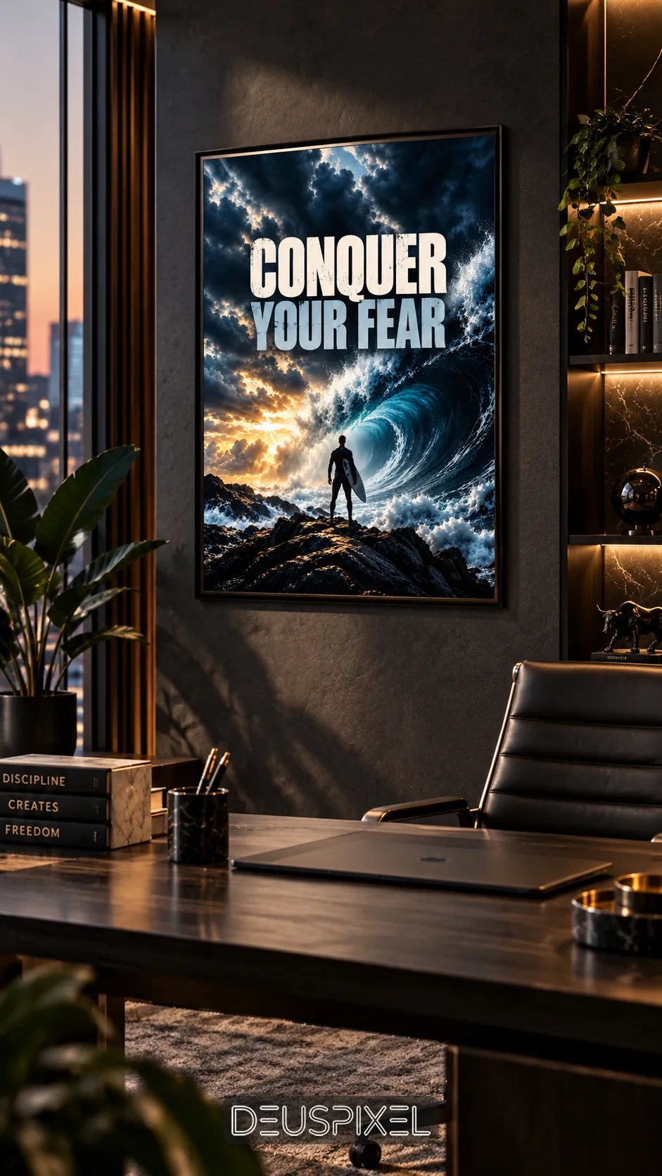 Conquer Your Fear motivational wall art office mockup