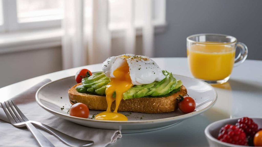 A fresh breakfast scene with avocado toast, poached eggs, coffee, and mixed berries