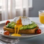 A fresh breakfast scene with avocado toast, poached eggs, coffee, and mixed berries