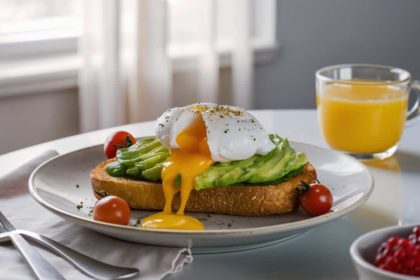 A fresh breakfast scene with avocado toast, poached eggs, coffee, and mixed berries