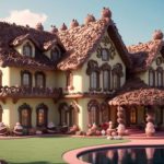 A 3D render of a whimsical gingerbread house made from candy, chocolate, and frosting in a snowy landscape