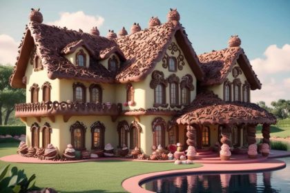 A 3D render of a whimsical gingerbread house made from candy, chocolate, and frosting in a snowy landscape