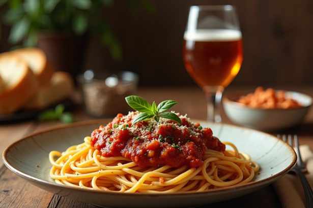 A hearty plate of spaghetti Bolognese topped with fresh basil, served with wine on a rustic table with soft lighting.