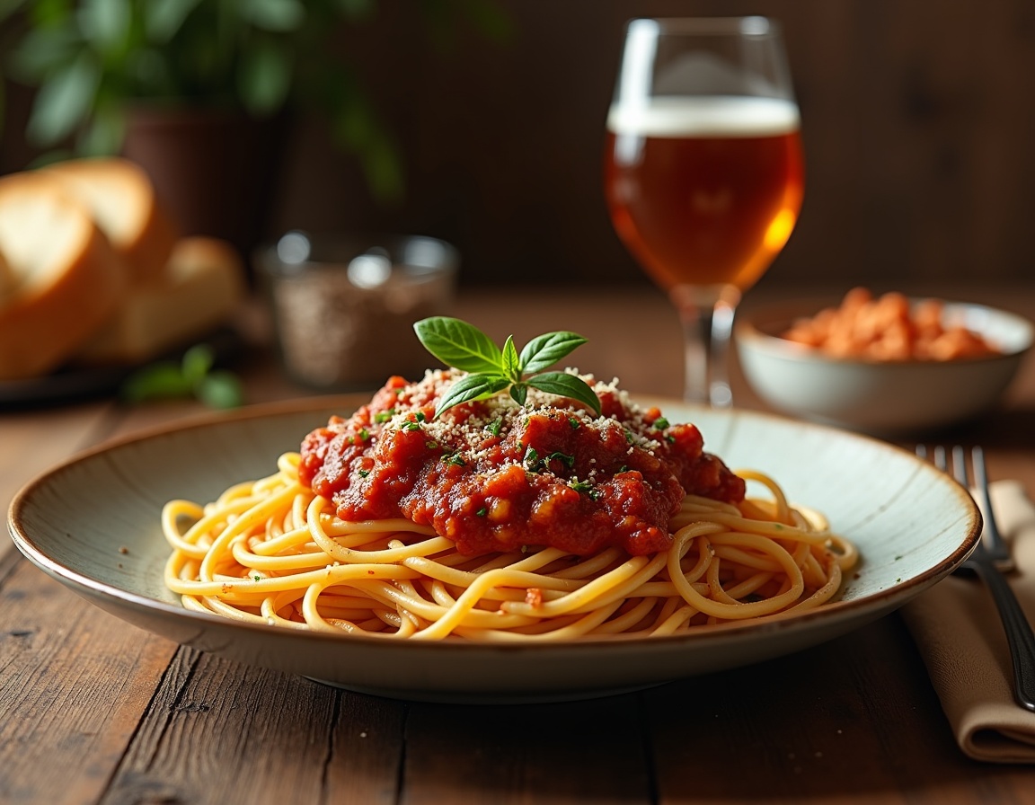 A hearty plate of spaghetti Bolognese topped with fresh basil, served with wine on a rustic table with soft lighting.