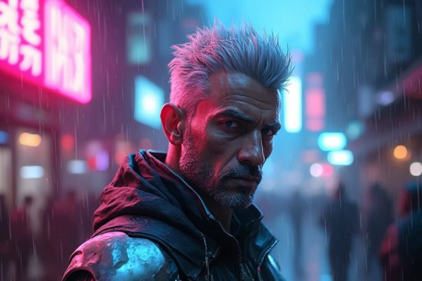 A cybernetic enforcer with silver hair and glowing circuits on a rainy neon street