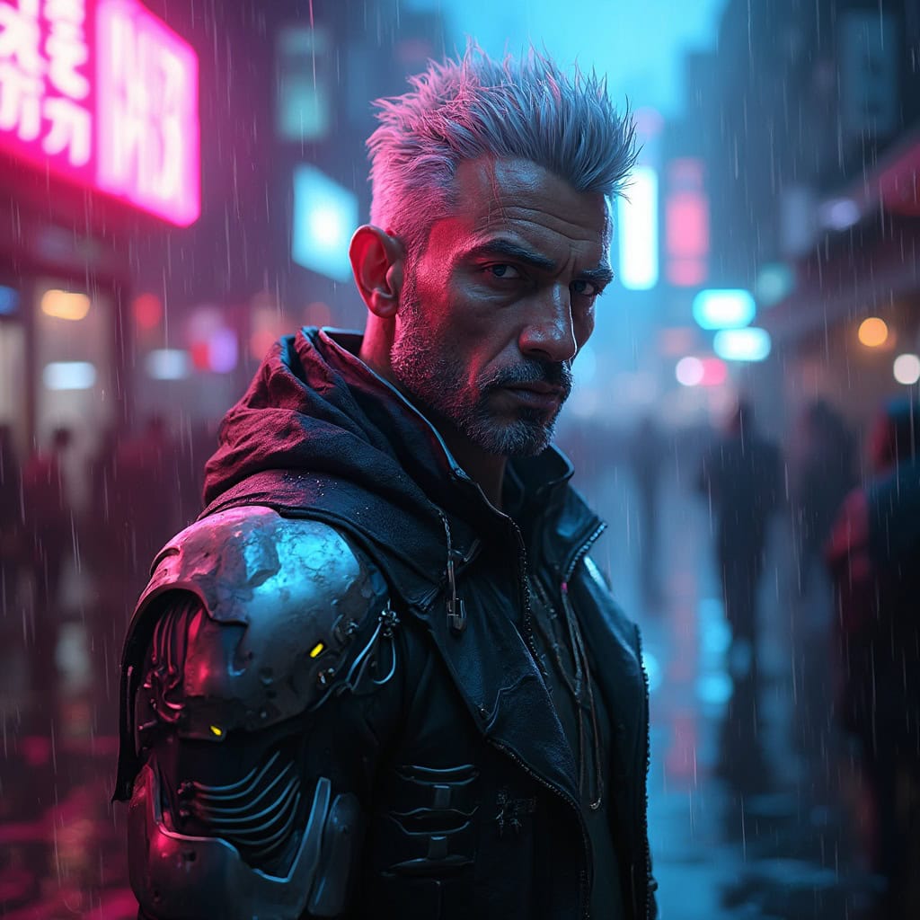 A cybernetic enforcer with silver hair and glowing circuits on a rainy neon street