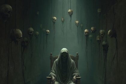 A lone figure sits in a dark room surrounded by skulls suspended in shadows, creating a haunting gothic atmosphere.