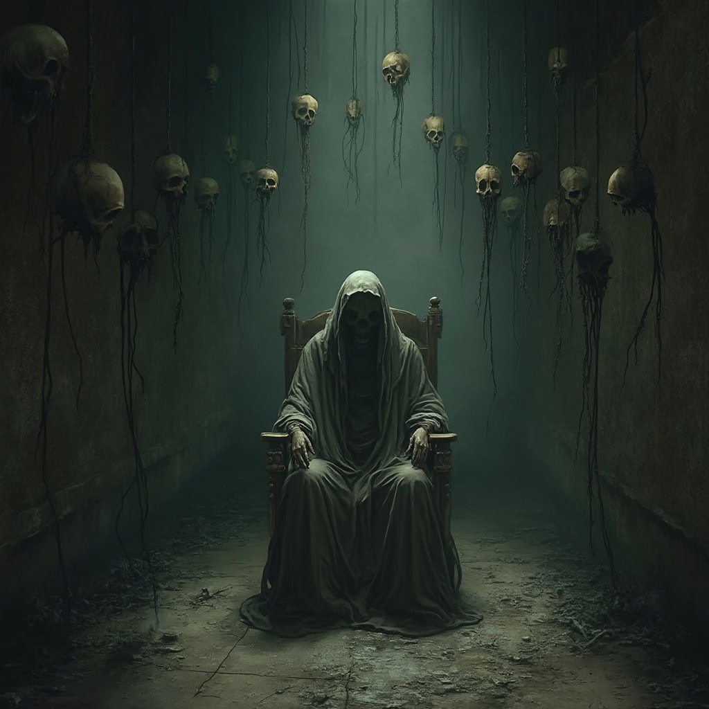 A lone figure sits in a dark room surrounded by skulls suspended in shadows, creating a haunting gothic atmosphere.