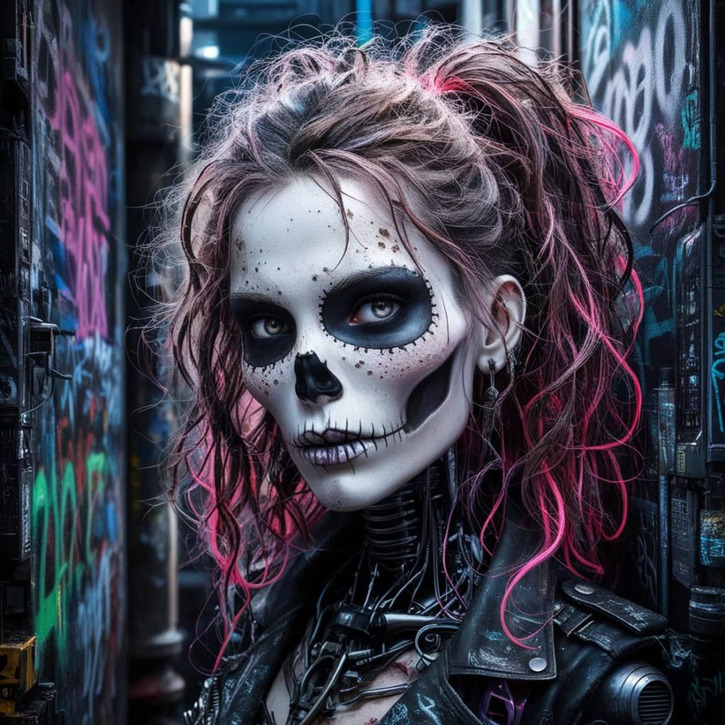 A punk rocker sugar skull with neon hair and dirt-smudged cheeks, set against graffiti-covered urban walls in a dystopian setting.