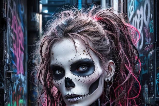 A punk rocker sugar skull with neon hair and dirt-smudged cheeks, set against graffiti-covered urban walls in a dystopian setting.