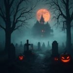 A foggy Halloween cemetery at night with a haunted mansion, blood-red moon, and jack-o’-lanterns on gravestones.