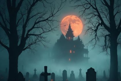 A foggy Halloween cemetery at night with a haunted mansion, blood-red moon, and jack-o’-lanterns on gravestones.