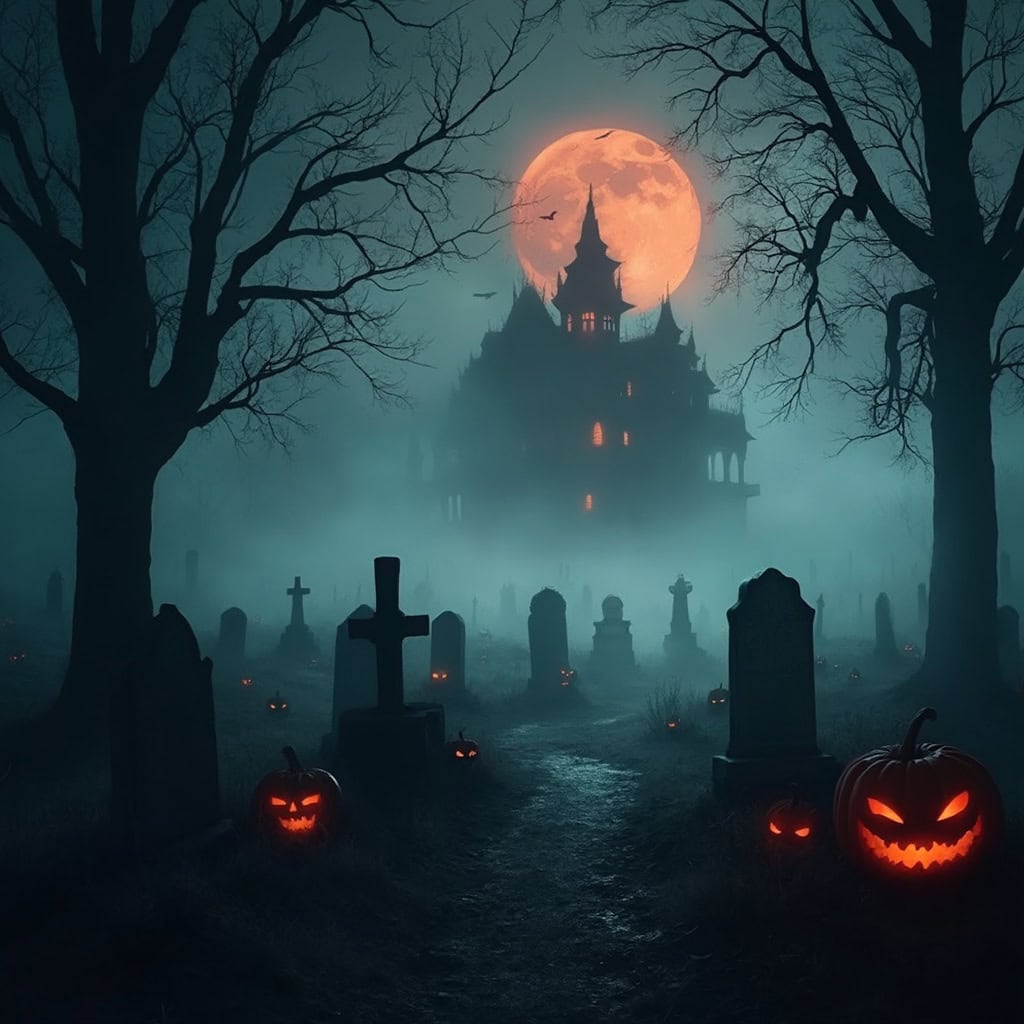 A foggy Halloween cemetery at night with a haunted mansion, blood-red moon, and jack-o’-lanterns on gravestones.