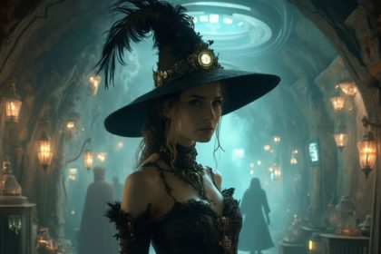 A steampunk witch in a Victorian-style gown with gears and a glowing crystal, standing in a neon-lit cave filled with cyberpunk machinery.