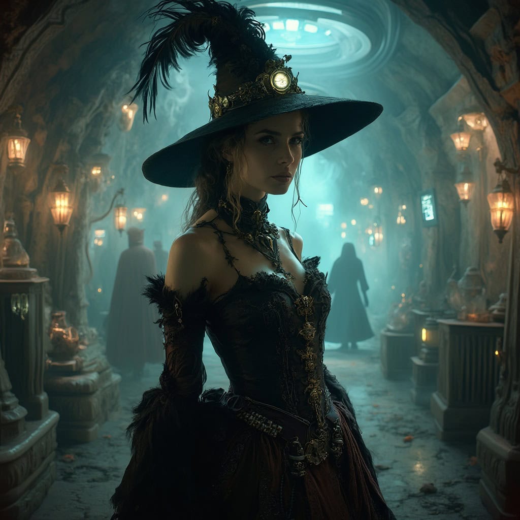 A steampunk witch in a Victorian-style gown with gears and a glowing crystal, standing in a neon-lit cave filled with cyberpunk machinery.