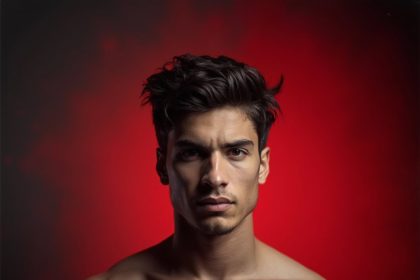 A young man with a determined expression, standing confidently with a deep red background.