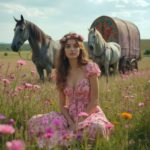 A gypsy woman in a pink floral dress sitting among vibrant flowers with a caravan and horses in the background.