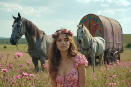 A gypsy woman in a pink floral dress sitting among vibrant flowers with a caravan and horses in the background.