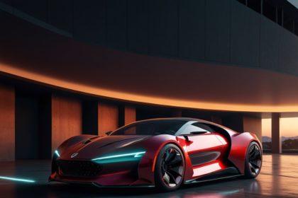 A sleek futuristic sports car with glowing accents and autonomous driving capabilities, showcasing advanced propulsion systems and cutting-edge technology.