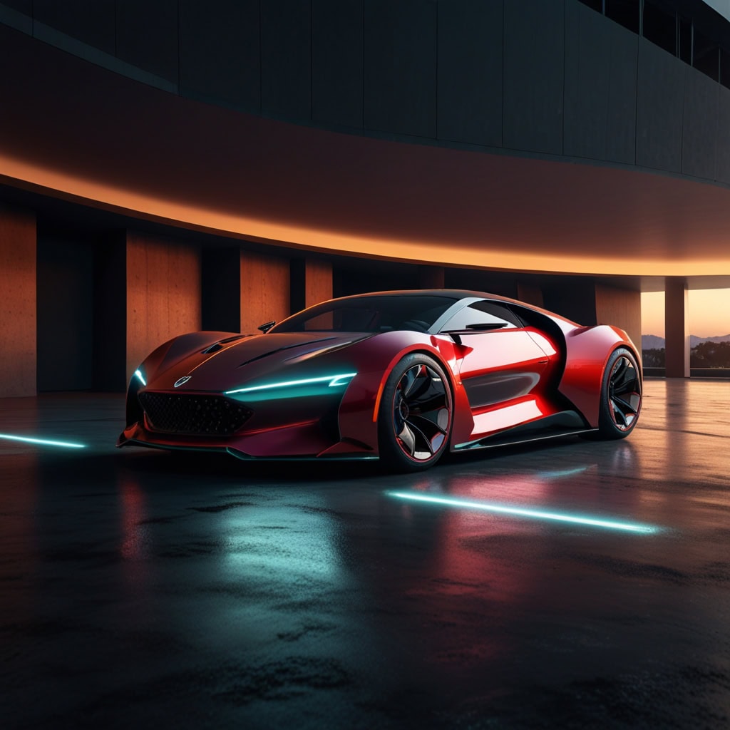 A sleek futuristic sports car with glowing accents and autonomous driving capabilities, showcasing advanced propulsion systems and cutting-edge technology.