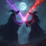 Two witches in dark robes battling with purple and red lightning beneath a full moon and a castle silhouette.