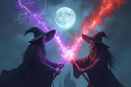 Two witches in dark robes battling with purple and red lightning beneath a full moon and a castle silhouette.