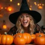 A cheerful woman witch with pumpkins, jack-o'-lanterns, and twinkling string lights