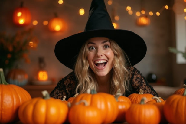 A cheerful woman witch with pumpkins, jack-o'-lanterns, and twinkling string lights