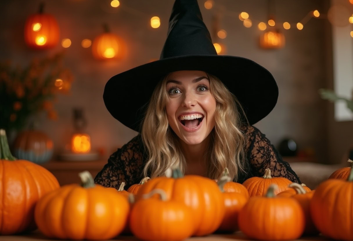 A cheerful woman witch with pumpkins, jack-o'-lanterns, and twinkling string lights