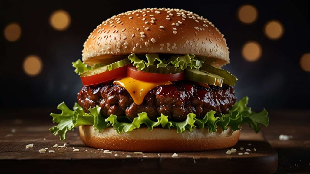 A close-up of a juicy gourmet burger with sesame seed bun and glossy sauce