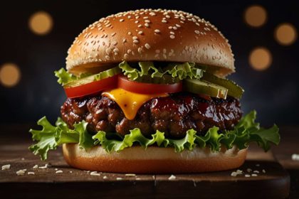 A close-up of a juicy gourmet burger with sesame seed bun and glossy sauce