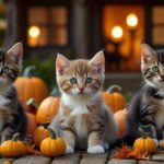 Kittens sitting on a cobblestone path with jack-o-lanterns and pumpkins