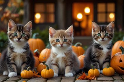 Kittens sitting on a cobblestone path with jack-o-lanterns and pumpkins