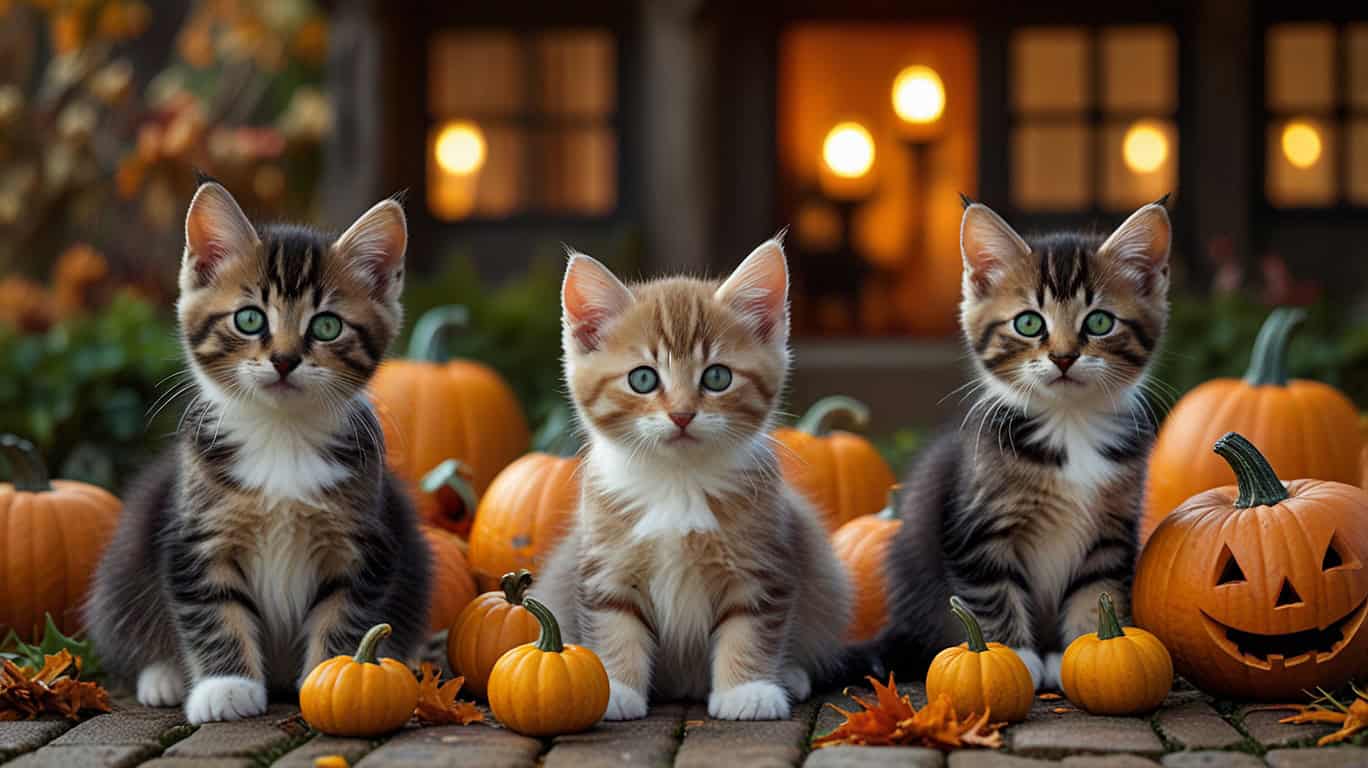 Kittens sitting on a cobblestone path with jack-o-lanterns and pumpkins