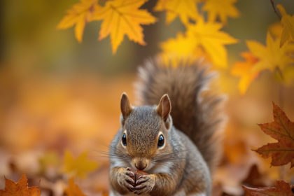 A close-up of a squirrel gathering acorns with vibrant autumn leaves in the background.