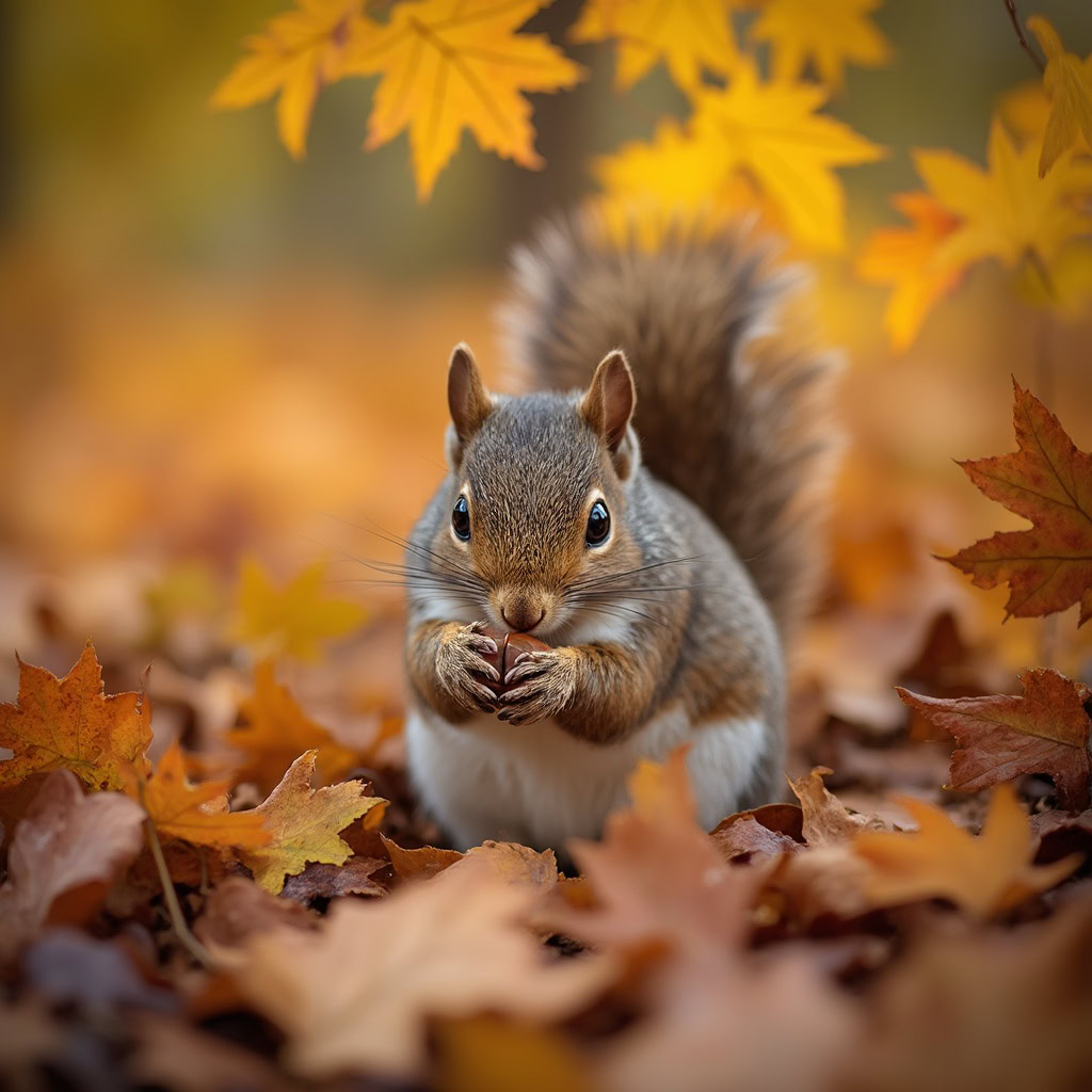 A close-up of a squirrel gathering acorns with vibrant autumn leaves in the background.