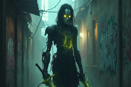 A bioluminescent cyborg gothic figure with glowing yellow eyes and a jagged sword arm, standing in a misty, graffiti-covered alley.