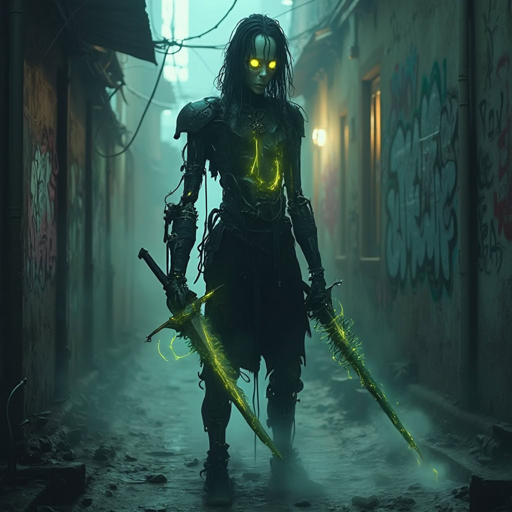 A bioluminescent cyborg gothic figure with glowing yellow eyes and a jagged sword arm, standing in a misty, graffiti-covered alley.