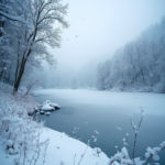 A peaceful winter scene with snow-covered trees, a frozen lake, and soft morning light, captured using a wide-angle lens and slow shutter speed.