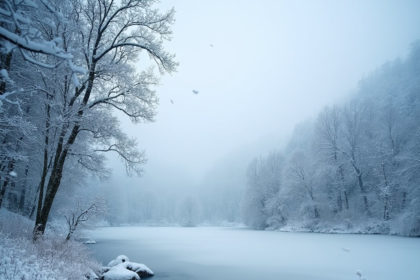 A peaceful winter scene with snow-covered trees, a frozen lake, and soft morning light, captured using a wide-angle lens and slow shutter speed.