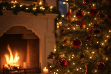 A beautifully decorated Christmas tree with glowing lights next to a cozy fireplace, set in a warm, candlelit ambiance.