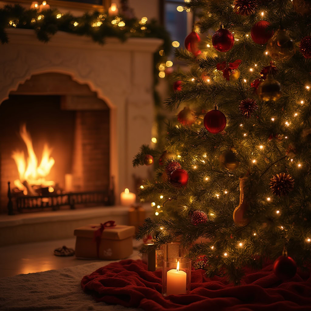 A beautifully decorated Christmas tree with glowing lights next to a cozy fireplace, set in a warm, candlelit ambiance.