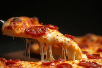 A close-up shot of a pepperoni pizza slice being pulled away with melted cheese stretching, set against a dark background with dramatic lighting.