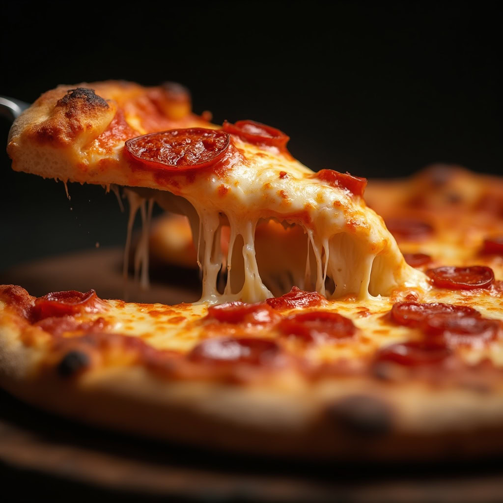 A close-up shot of a pepperoni pizza slice being pulled away with melted cheese stretching, set against a dark background with dramatic lighting.