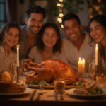 A family gathered around a Thanksgiving dinner table, with a golden turkey in the center, soft warm lighting, and fairy lights in the background.