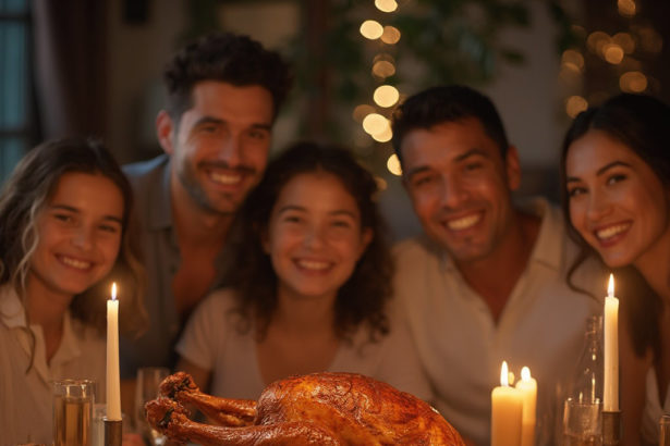 A family gathered around a Thanksgiving dinner table, with a golden turkey in the center, soft warm lighting, and fairy lights in the background.